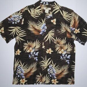 Joe Marlin Mens Brown Button Up Shirt with Blue Gold Floral Design Size Large